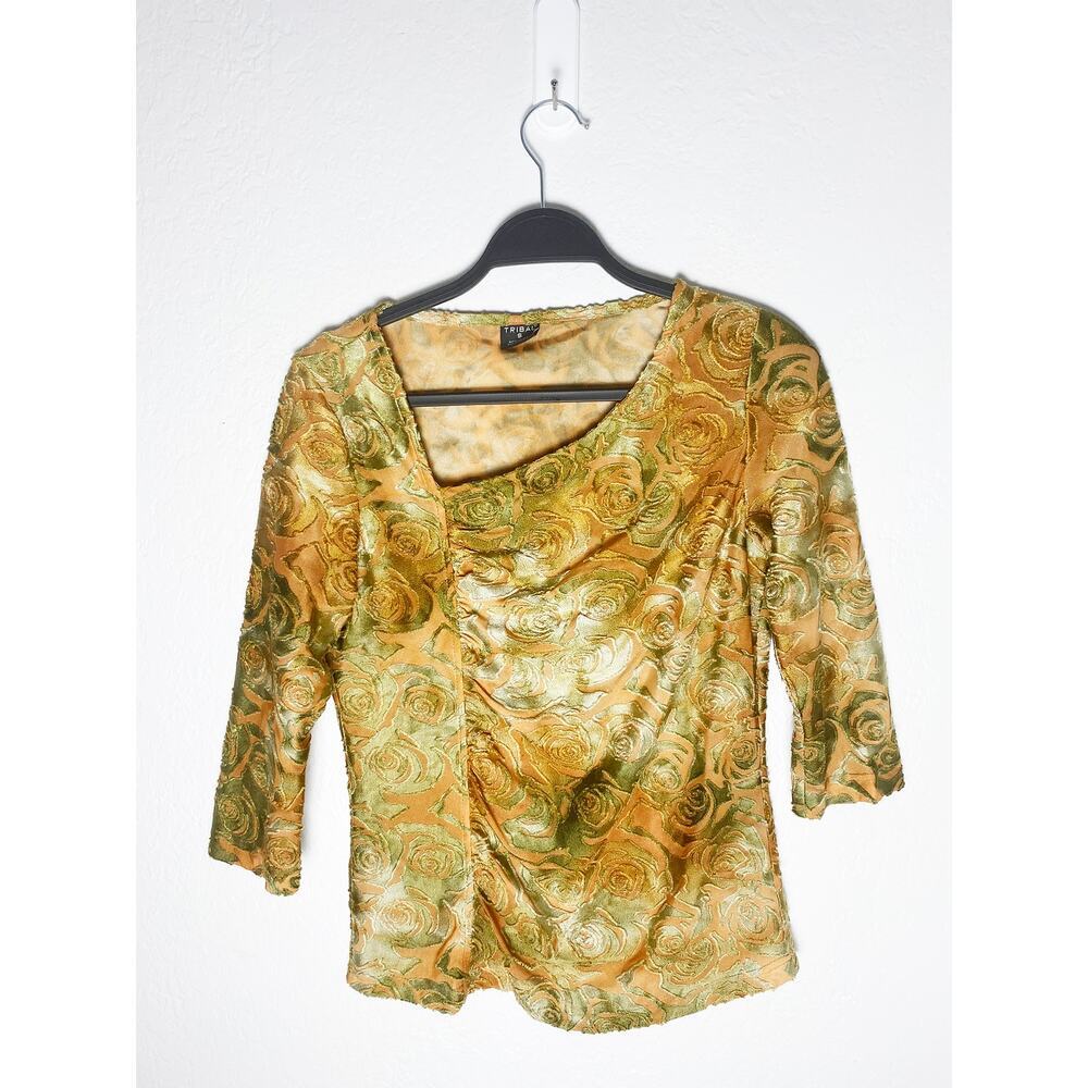 Vintage Tribal Women's Top Asymmetrical Neck Side Ruching Embossed Floral Velvet